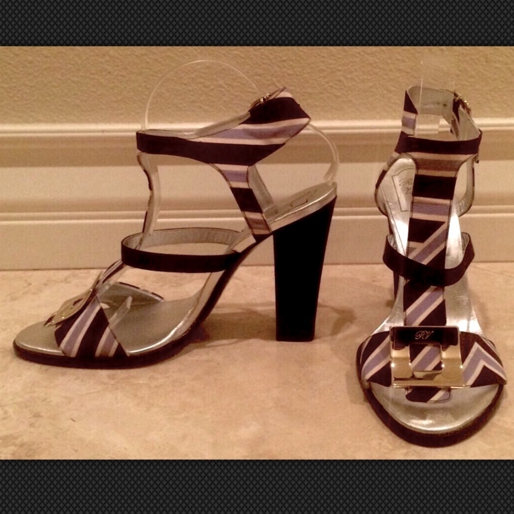 ROGER VIVIER Paris Heel Sandal Navy Lt Blue White Silk Silver US9 EU40 Italy NEW - Picture 5 of 7